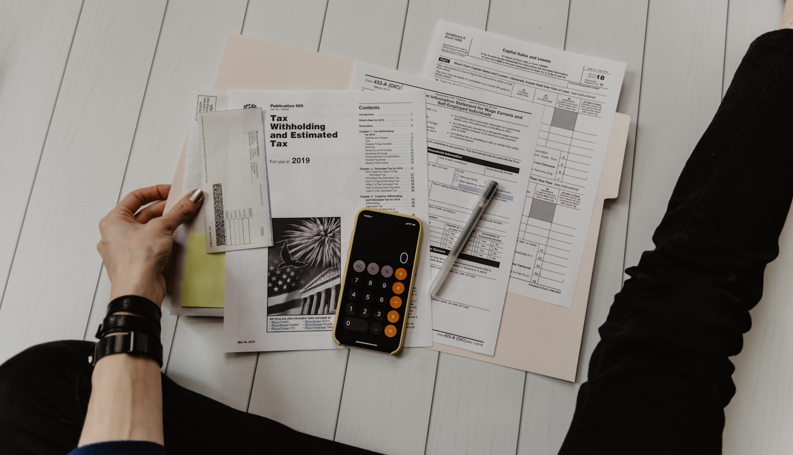 Photograph of a desk with papers and a calculator